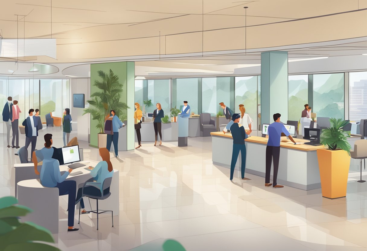 A bustling office lobby with a prominent "Frequently Asked Questions" sign, people milling around, and a receptionist desk