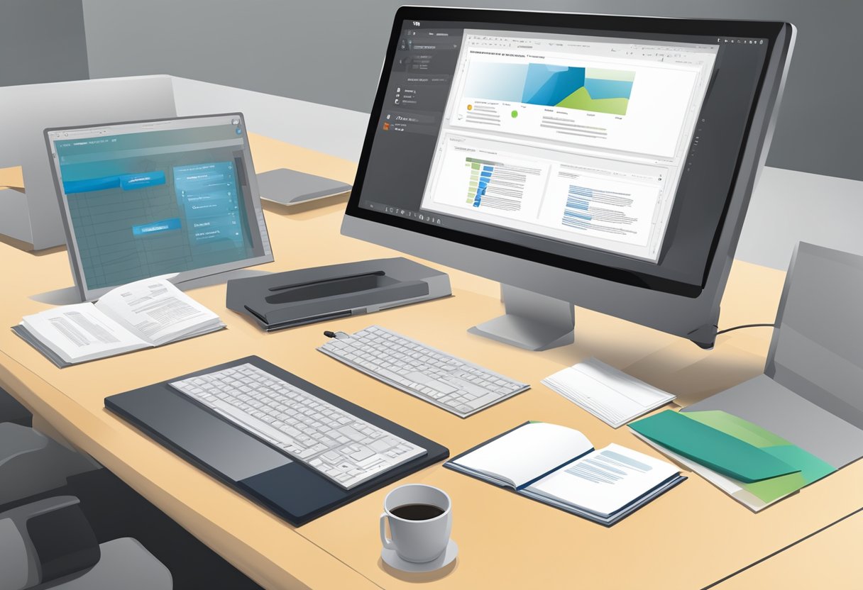 A computer screen displaying a PowerPoint presentation with accompanying notes. A printer nearby, with a printed copy of the presentation and notes