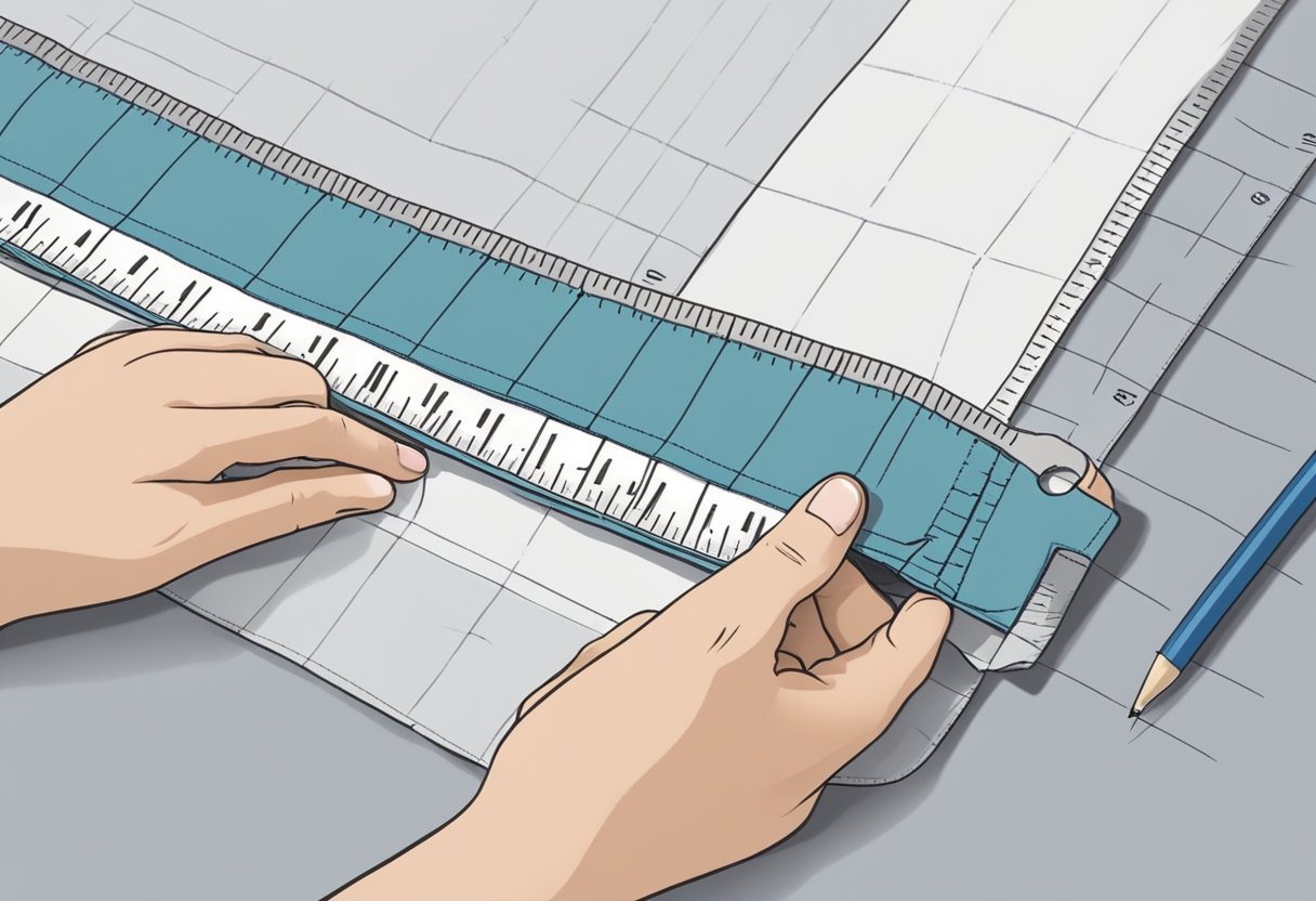A hand holding a ruler measures and marks fabric for a tote bag, with six pockets laid out in a simple design