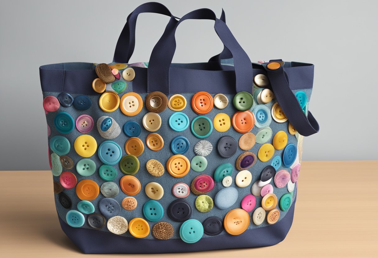 A hand-sewn tote bag with six pockets, adorned with finishing touches like colorful buttons and a decorative trim