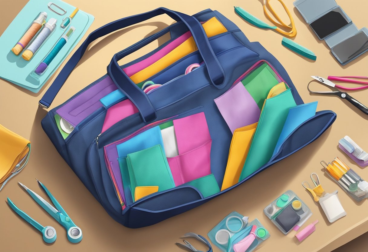 A colorful tote bag with six pockets is laid out on a clean work surface. Sewing supplies and fabric are neatly organized nearby