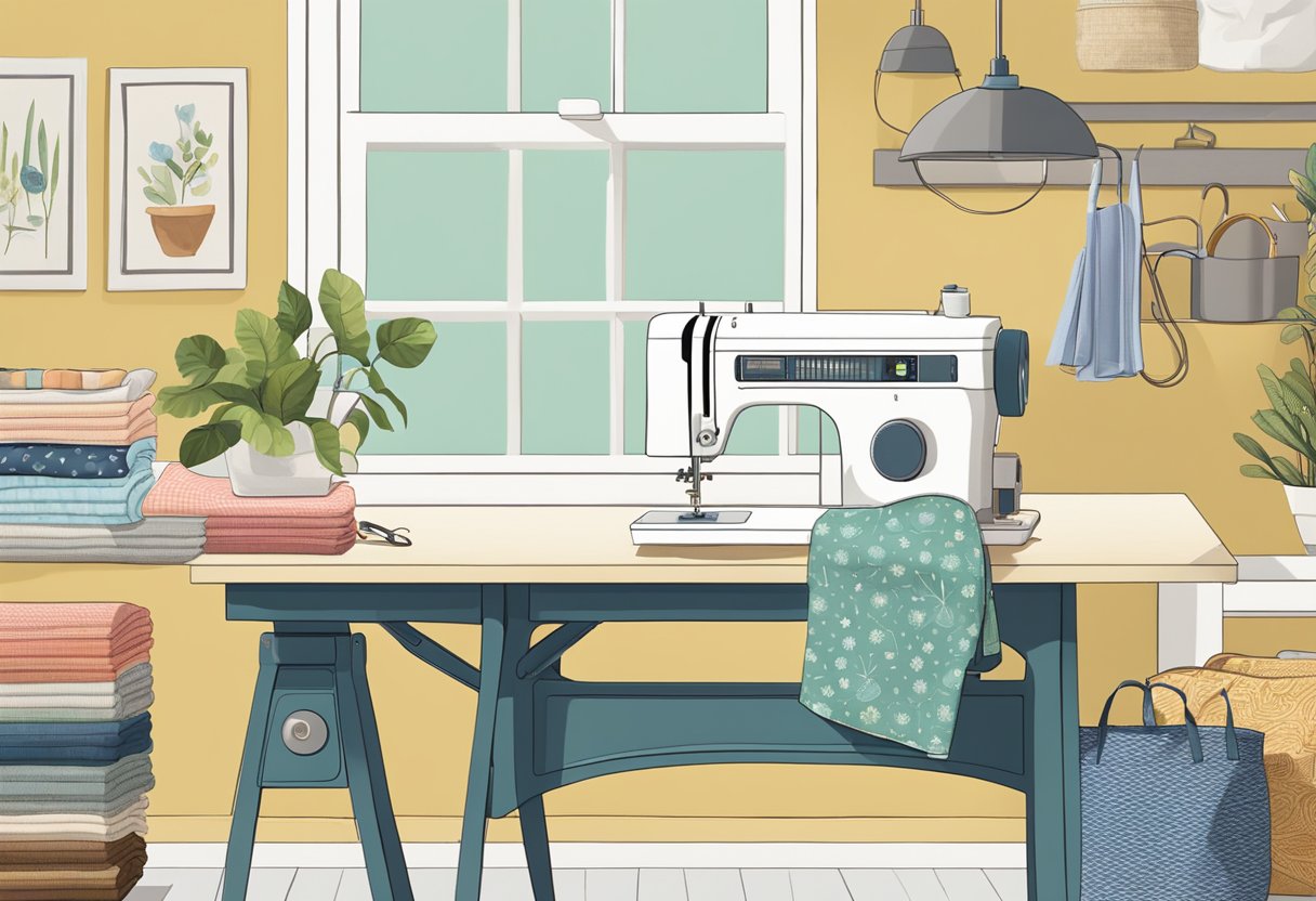 A sewing machine sits on a table next to a stack of fabric, scissors, and a printed market tote pattern. The room is filled with natural light, creating a warm and inviting workspace for crafting