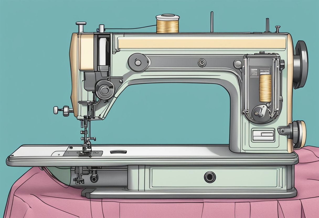A sewing machine is set up with fabric and thread for making a market tote. The pattern is laid out nearby