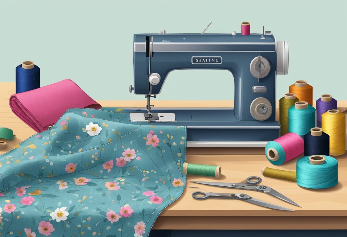 A sewing machine stitching a market tote pattern, with fabric and thread nearby. Pins and scissors on a table