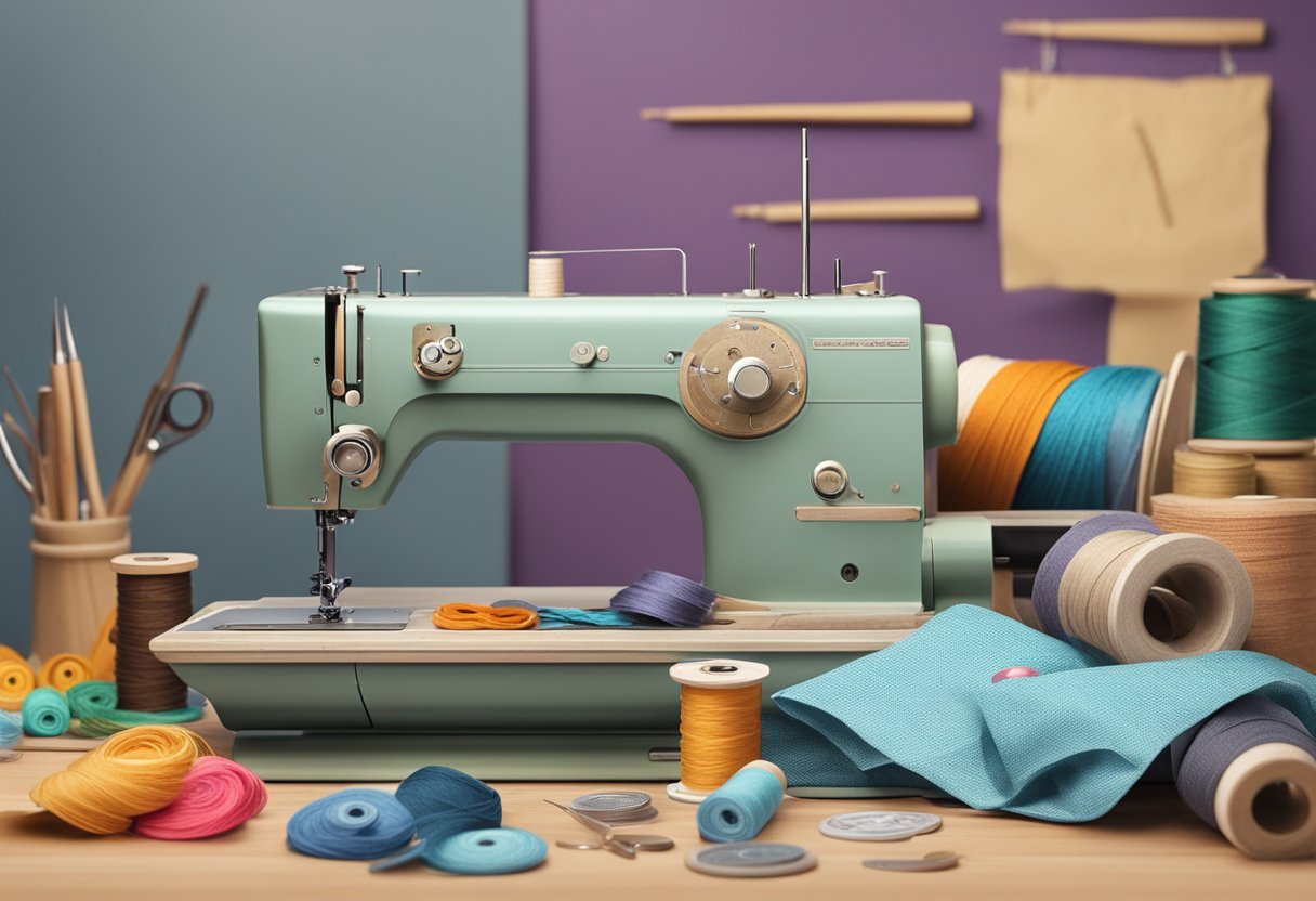 A sewing machine sits on a cluttered table, surrounded by spools of thread, fabric scraps, and a printed pattern for a market tote. Pins and scissors are scattered across the surface