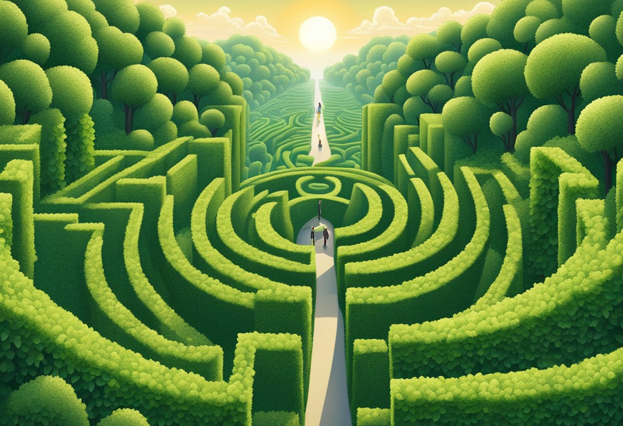 A twisting maze of lush green hedges, intersecting paths, and hidden nooks, with towering walls and mysterious statues, all under a bright Singaporean sky