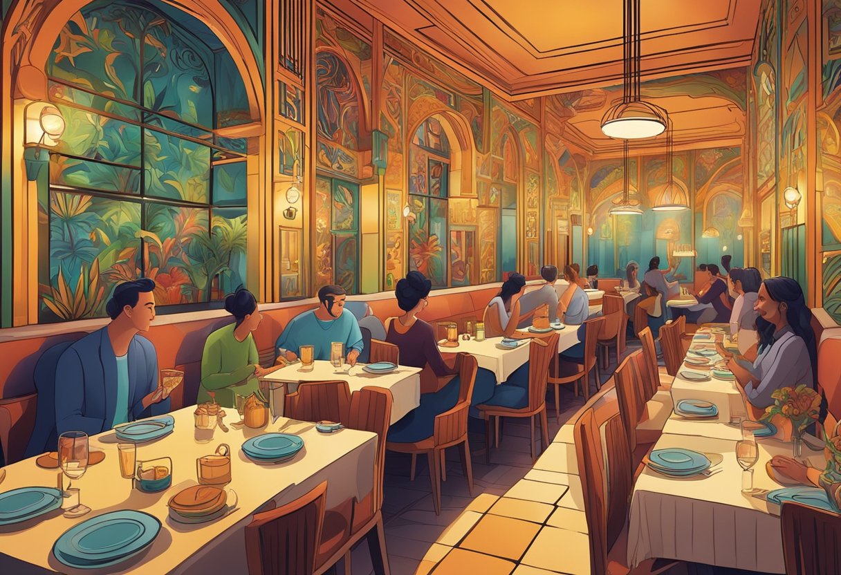 Diners savoring diverse dishes in a maze-like restaurant with vibrant decor and ambient lighting