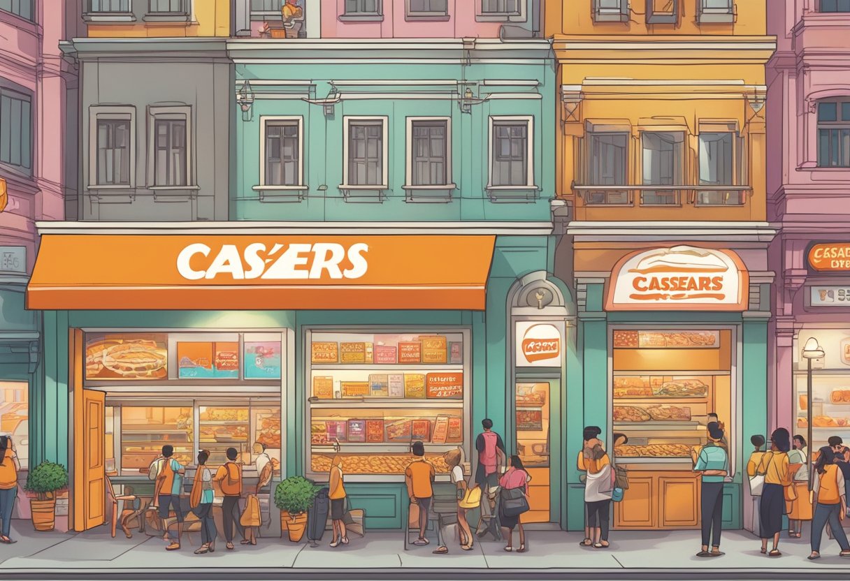 The bustling streets of Singapore showcase a vibrant Little Caesars storefront, with colorful signage and a line of customers eagerly waiting for their hot and ready pizzas