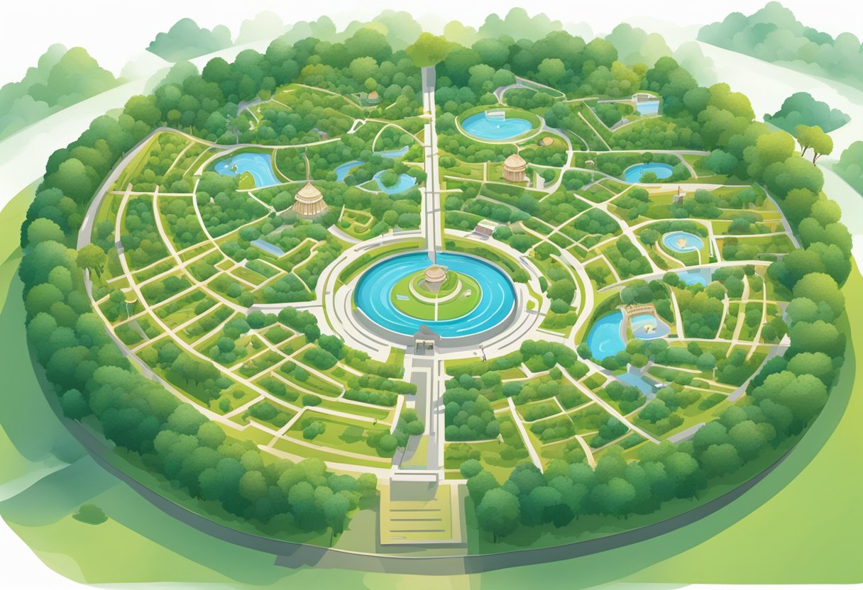 A colorful map of the Labyrinth Singapore with clear signage and directional arrows, surrounded by lush greenery and a serene atmosphere