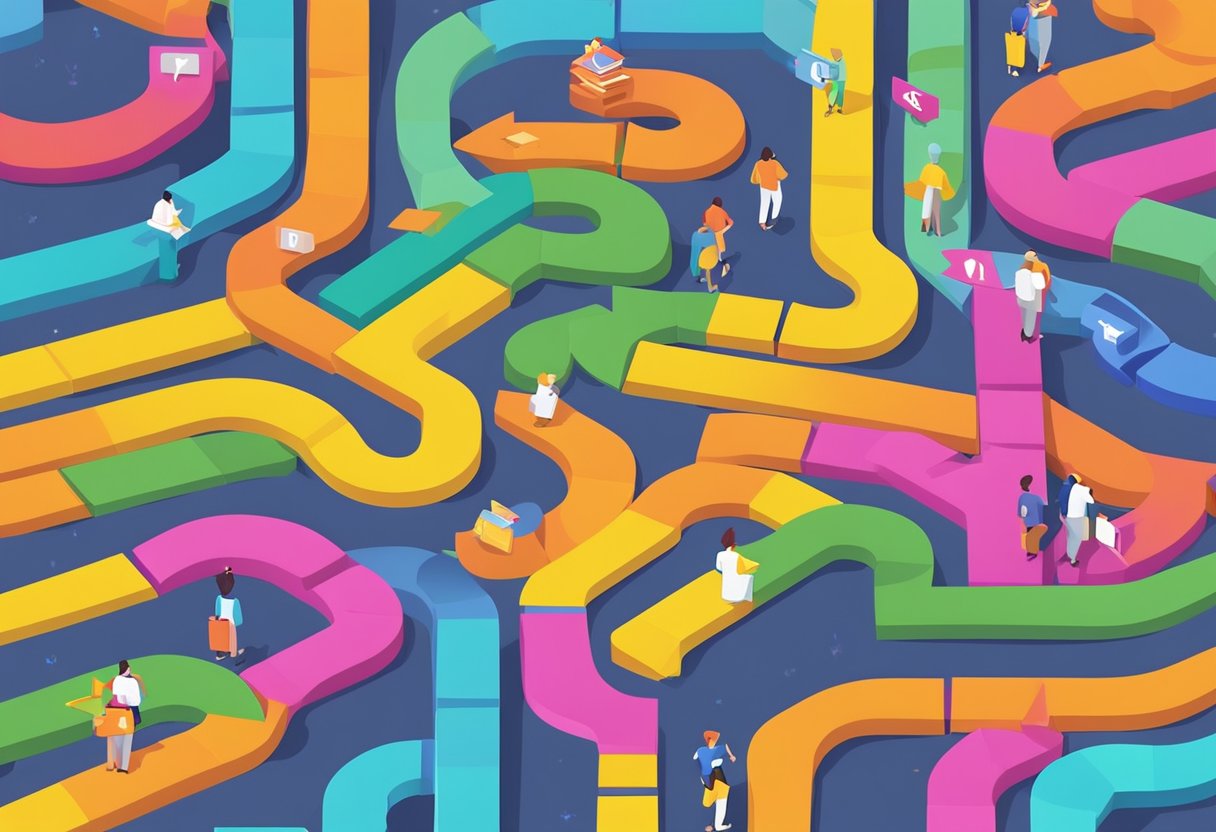 A maze of colorful signs and arrows leads visitors through the Frequently Asked Questions labyrinth in Singapore