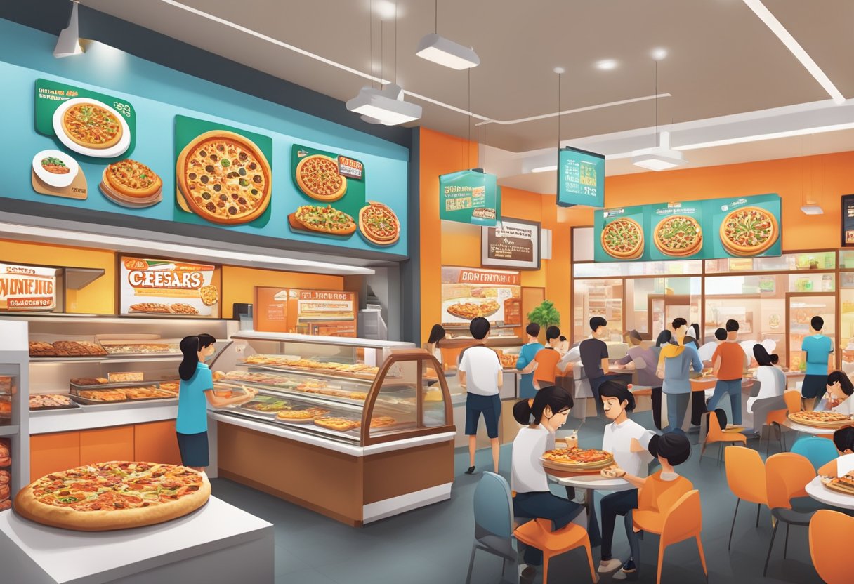 A bustling Little Caesars Singapore store with colorful signage, inviting aroma of freshly baked pizzas, and customers enjoying their meals