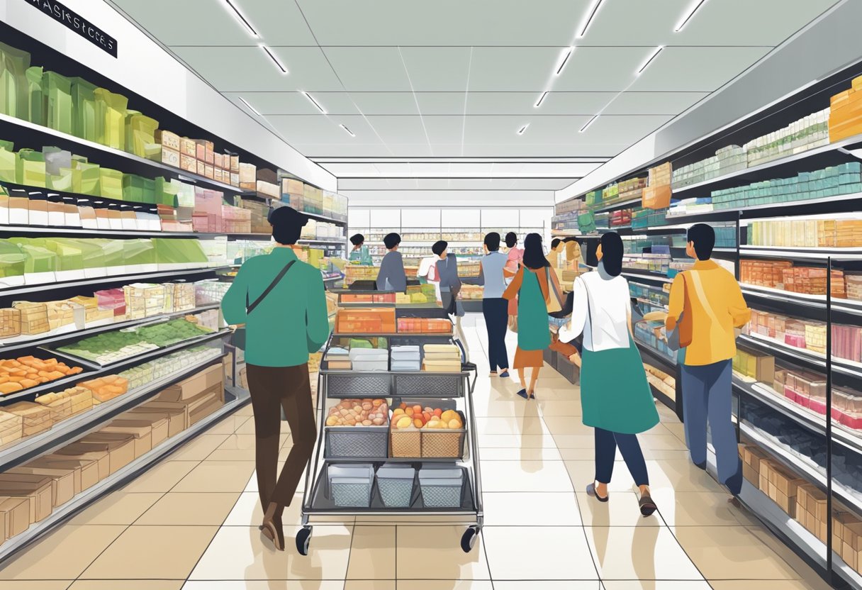 A bustling Marks and Spencer outlet in Singapore, with shelves lined with products and customers browsing the aisles
