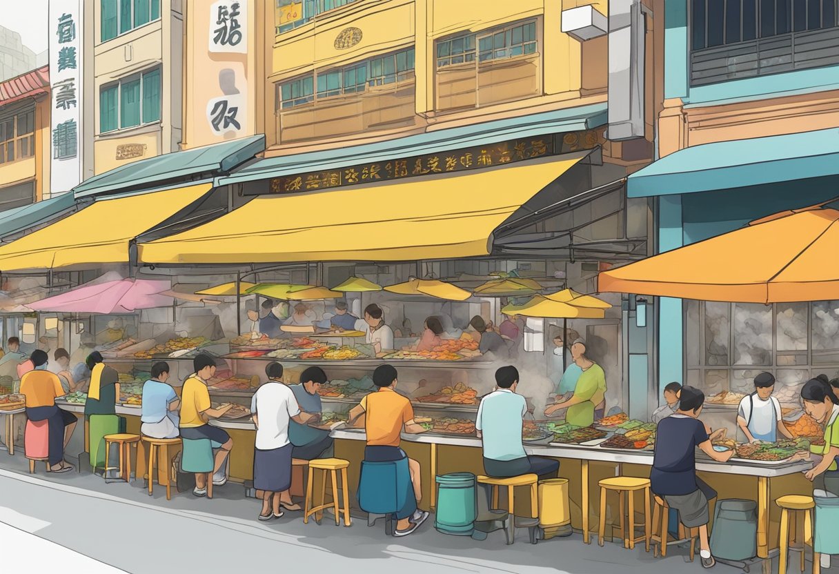 A bustling hawker center in Mustard, Singapore, with colorful stalls and aromatic smoke rising from sizzling woks