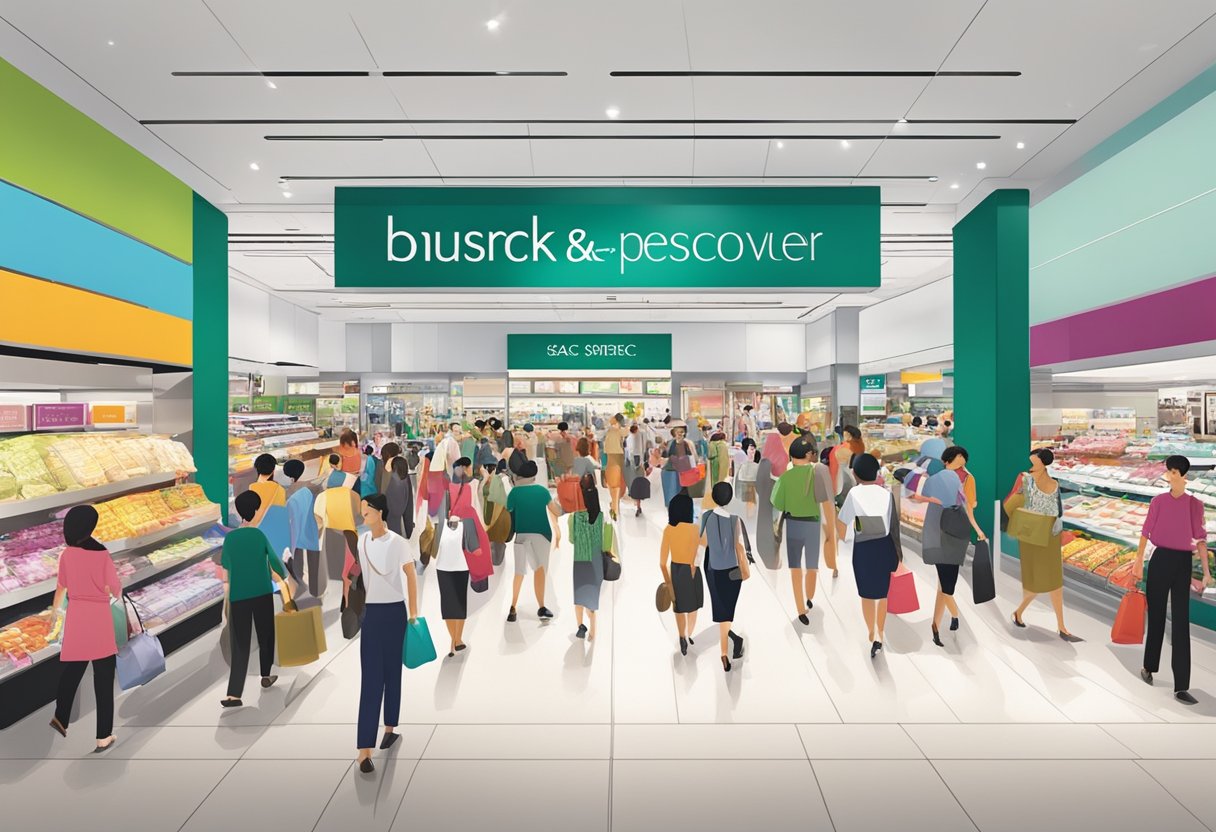 A bustling Marks & Spencer outlet in Singapore, with colorful displays and busy shoppers browsing the aisles
