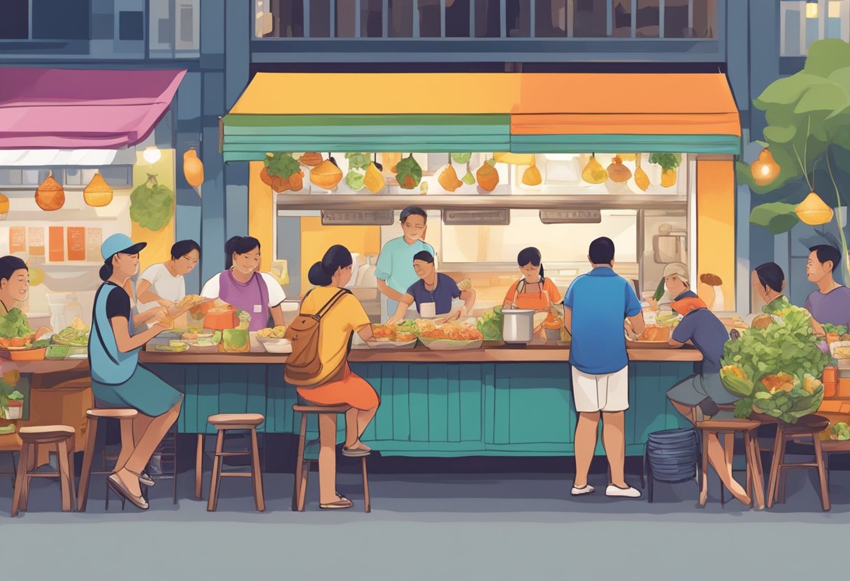 People tasting gourmet street food at Michelin-starred hawker stalls in Singapore. Colorful dishes and bustling atmosphere