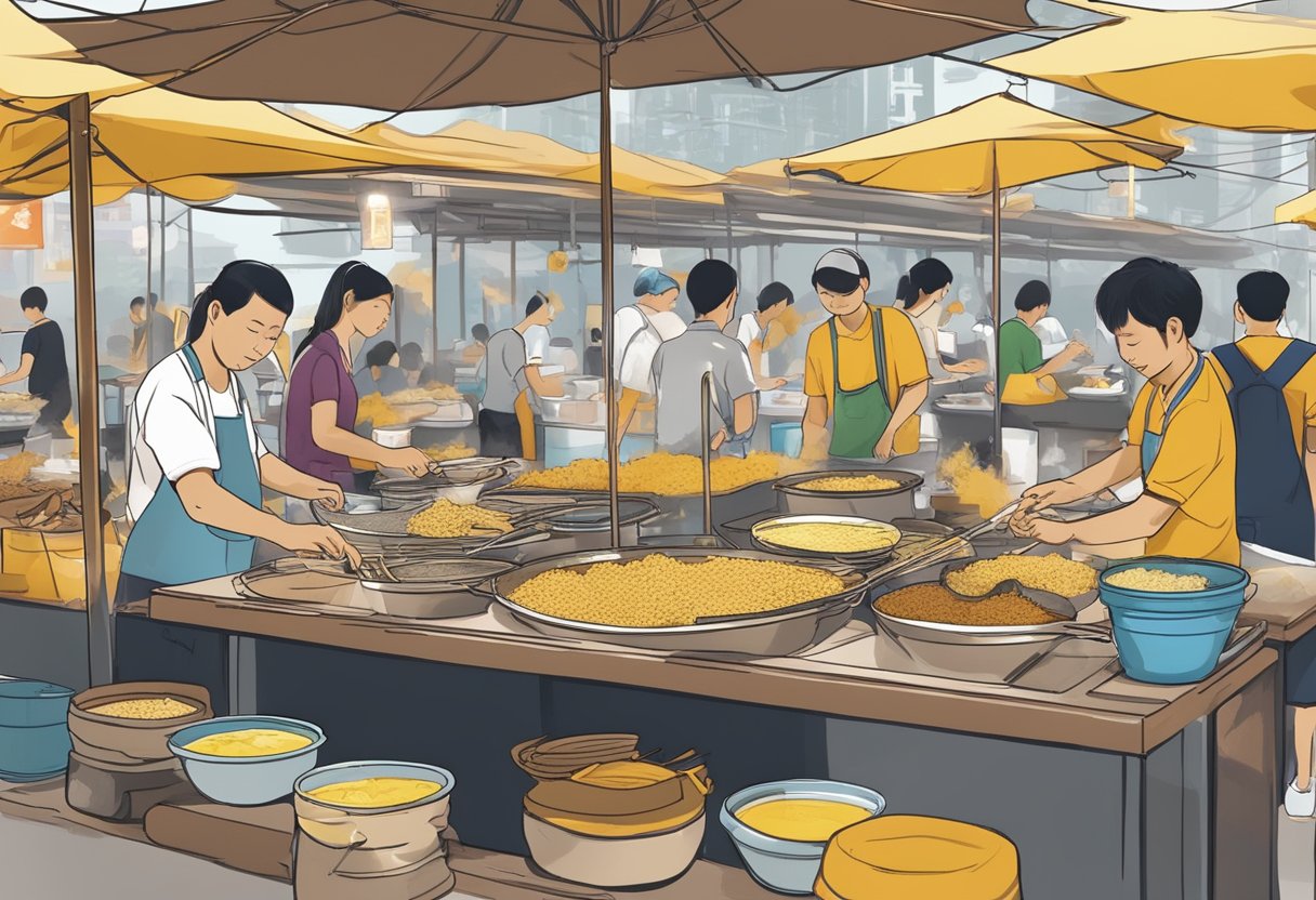 A bustling hawker center in Singapore, with vendors adding mustard to dishes like Hainanese chicken rice and satay, infusing the air with its pungent aroma