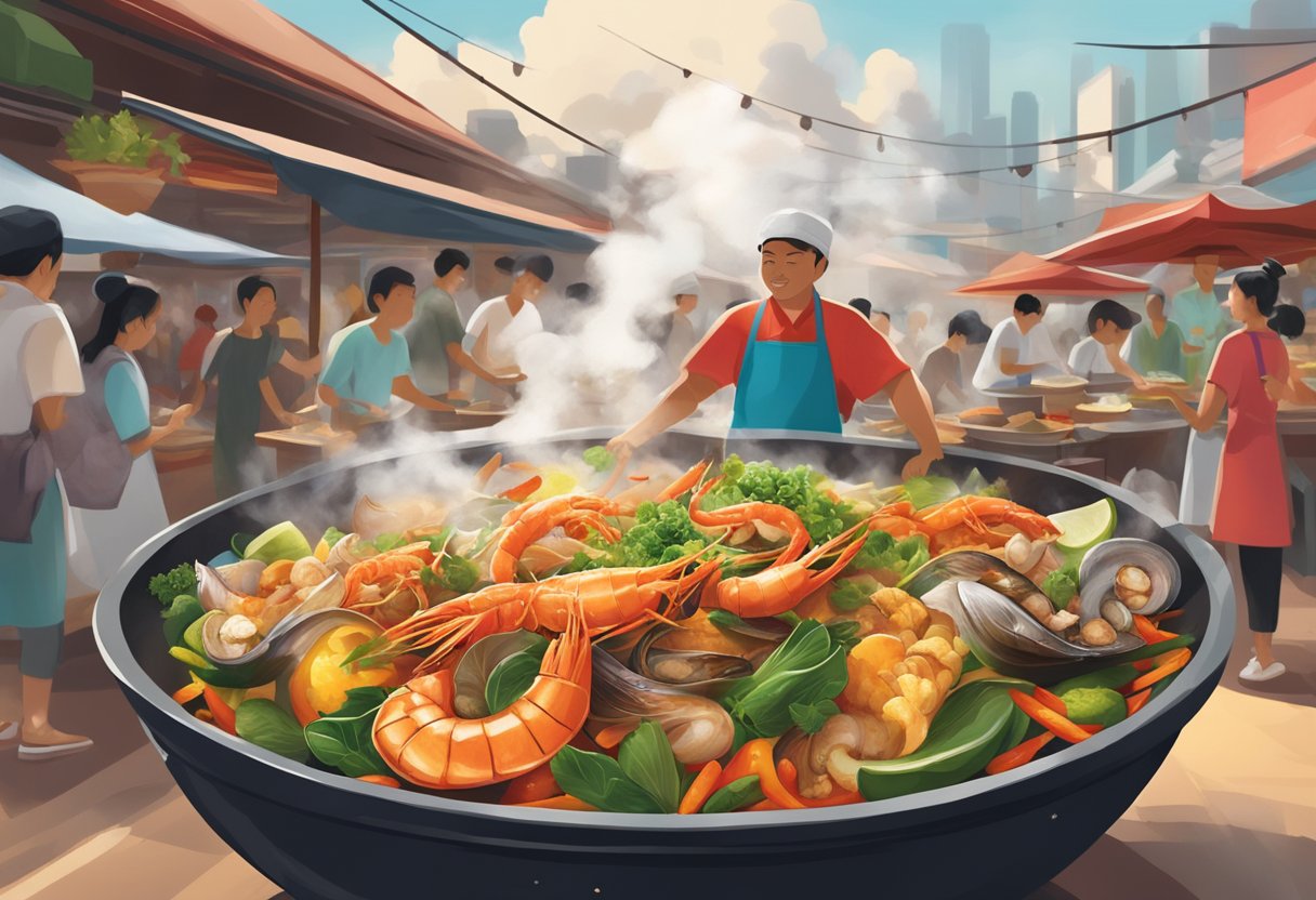 A sizzling wok tosses vibrant vegetables and succulent seafood in a cloud of aromatic spices, amidst the bustling backdrop of a Singaporean hawker center
