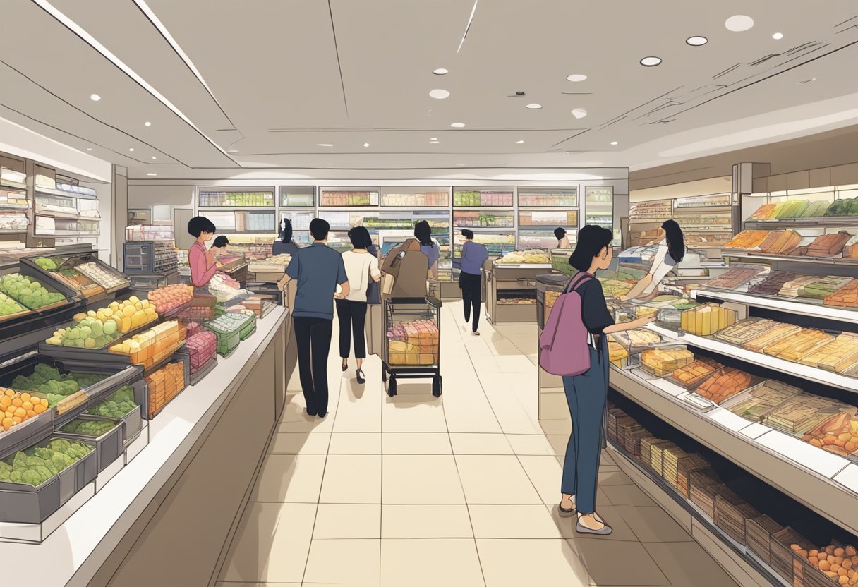 A bustling Marks and Spencer outlet in Singapore, with customers browsing and staff assisting. Bright lighting and neatly arranged displays create an inviting atmosphere