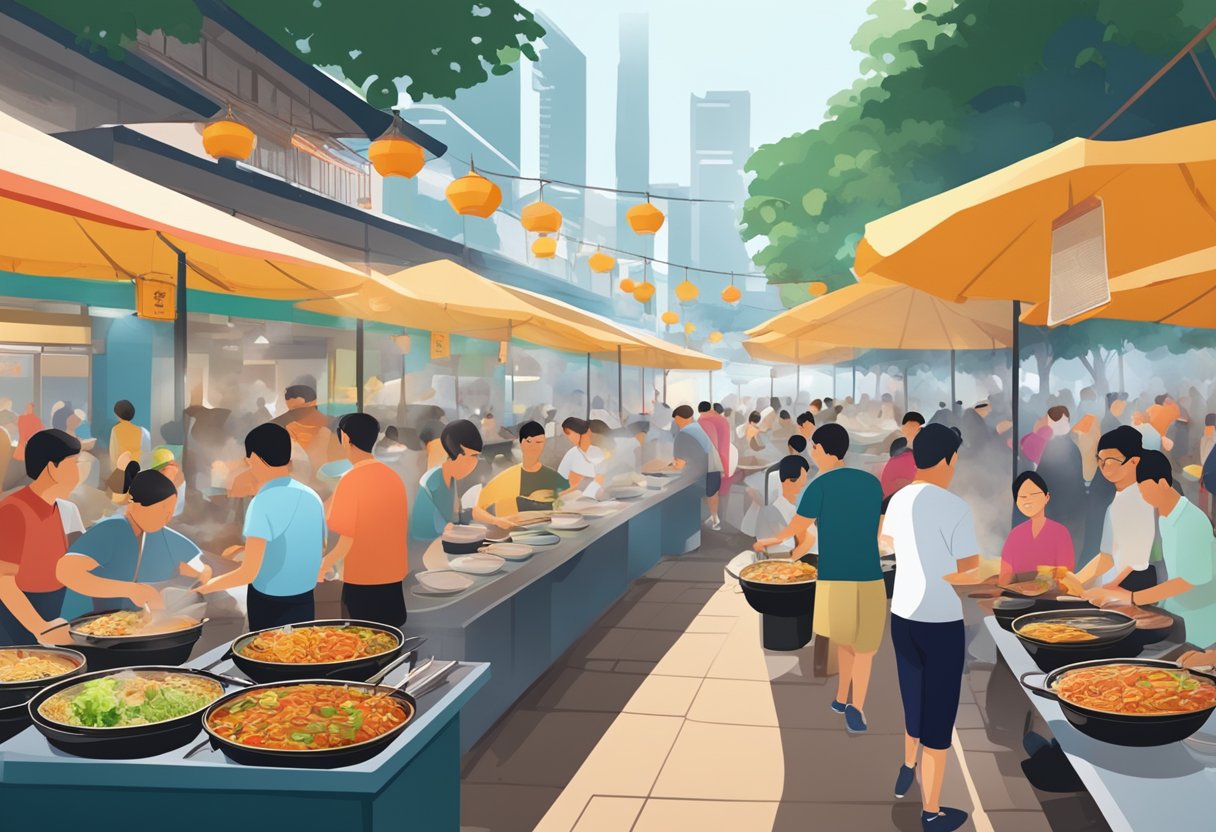 A bustling hawker center in Singapore, with steaming pots and sizzling woks, surrounded by eager food enthusiasts and adorned with Michelin star accolades