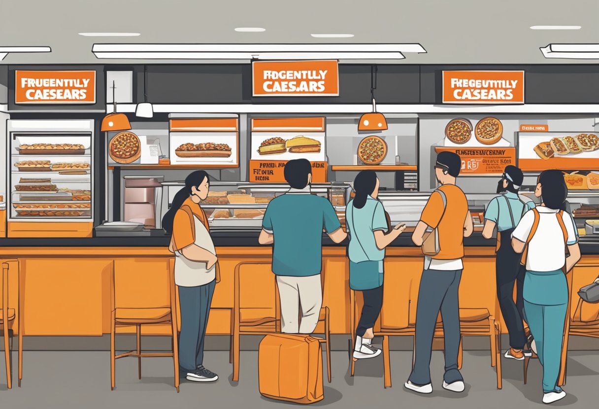 Customers lining up at Little Caesars Singapore, with a sign displaying "Frequently Asked Questions" above the counter