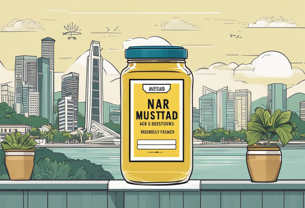A jar of mustard with "Frequently Asked Questions" label, set against a backdrop of iconic Singapore landmarks