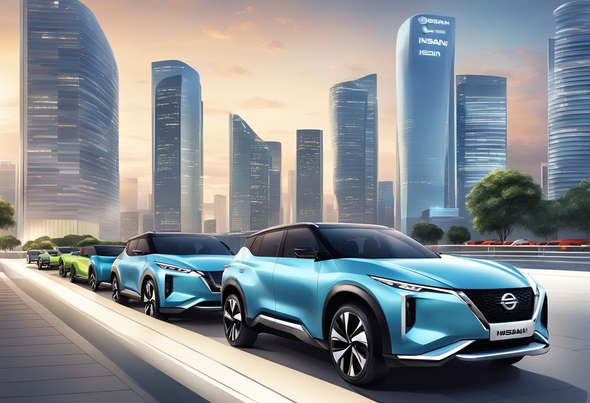Nissan's electrified models line up at a sleek showroom in Singapore, with the city skyline in the background
