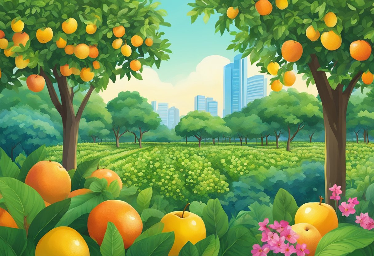 Lush green orchard in Singapore with fruit-laden trees, vibrant flowers, and a clear blue sky