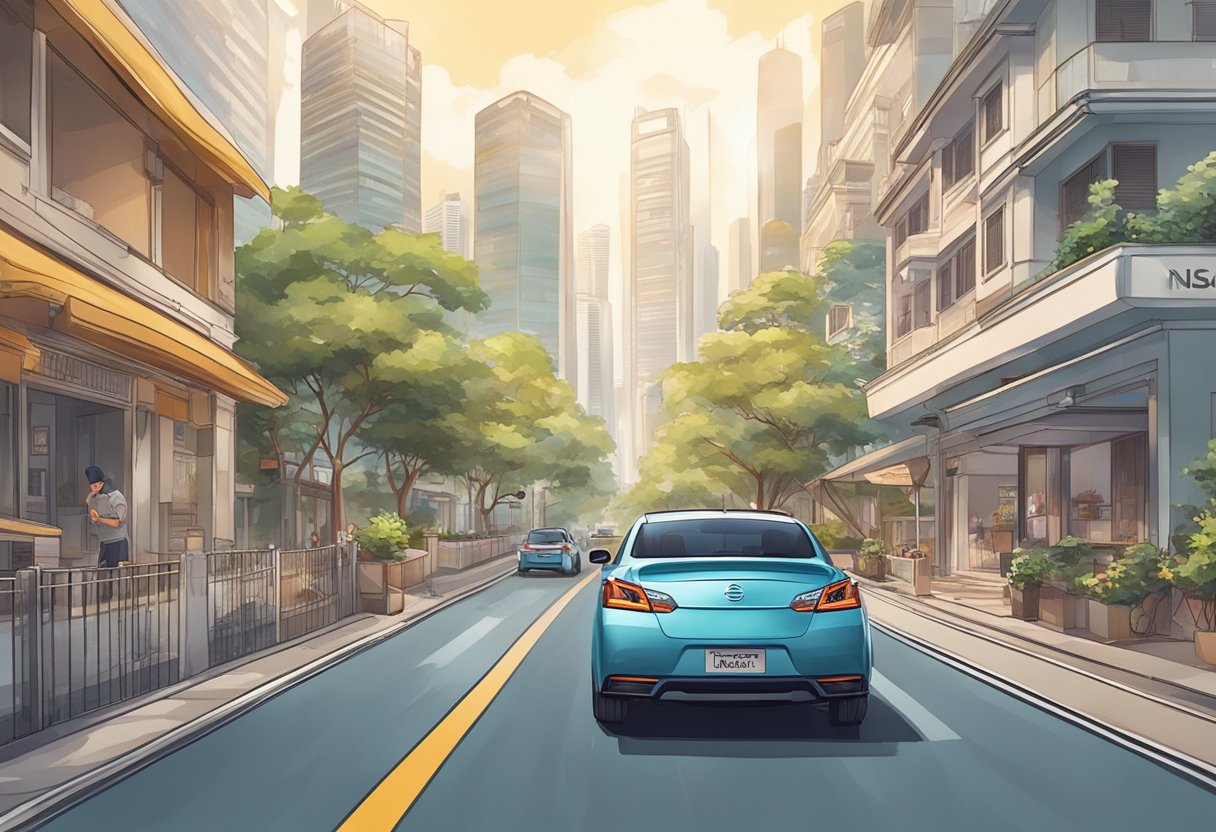 A person driving a Nissan car through the city streets of Singapore, passing iconic landmarks and enjoying the smooth ride and advanced features