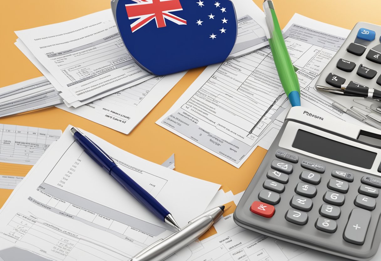 A stack of tax forms surrounded by a calculator, pen, and computer, with a Singapore flag in the background