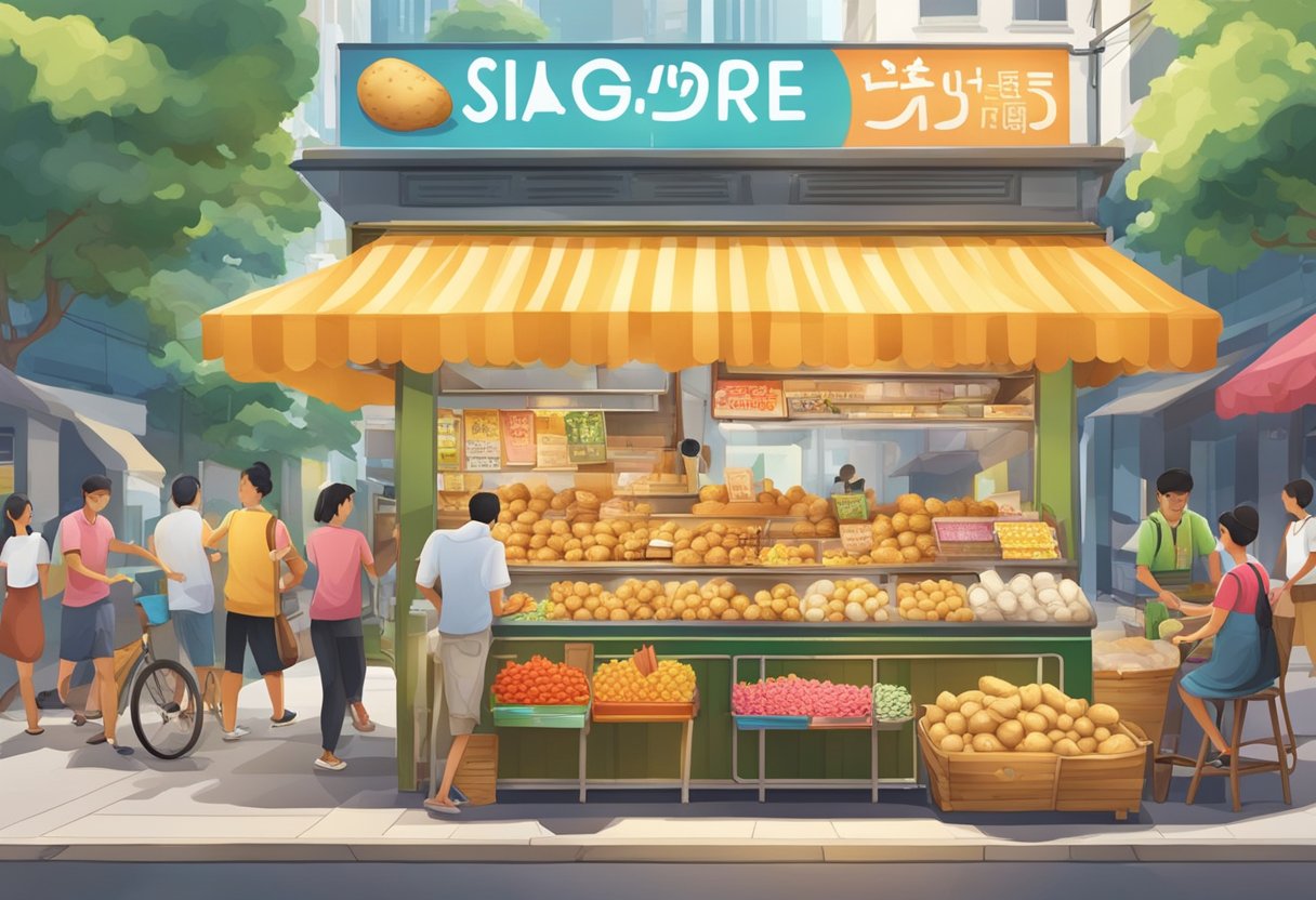 A bustling street corner in Singapore with a vibrant Potato Corner stall surrounded by eager customers and colorful signage