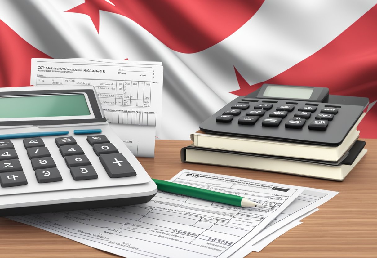 A stack of tax forms and a calculator on a desk, with a Singapore flag in the background