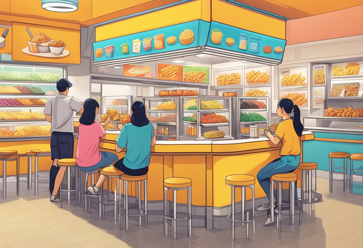 Customers sampling various flavored fries at Potato Corner outlets in Singapore. Brightly lit counters and colorful signage create a lively atmosphere