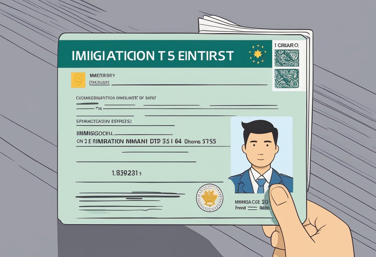 A person holding a re-entry permit while standing in front of the immigration office in Singapore. The permit is being examined by an immigration officer