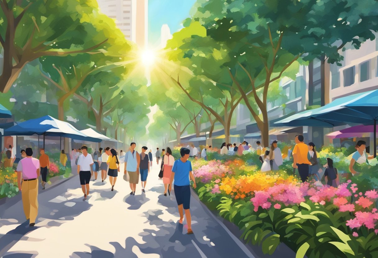 People strolling among lush trees and colorful flowers on Orchard Road, Singapore. Bright sunlight illuminates the bustling street