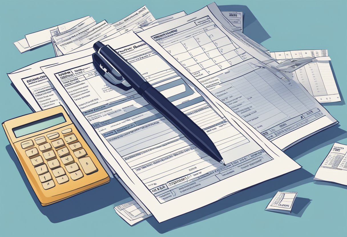 Tax forms and receipts spread out on a desk, with a calculator and pen nearby. A calendar shows the deadline for filing and paying taxes