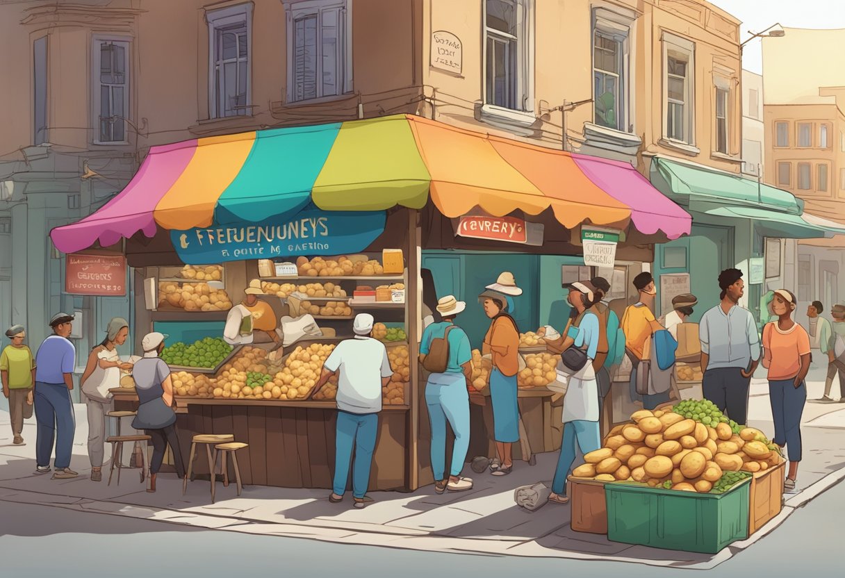 A bustling street corner with a colorful Potato Corner stall, surrounded by curious customers and a prominent "Frequently Asked Questions" sign