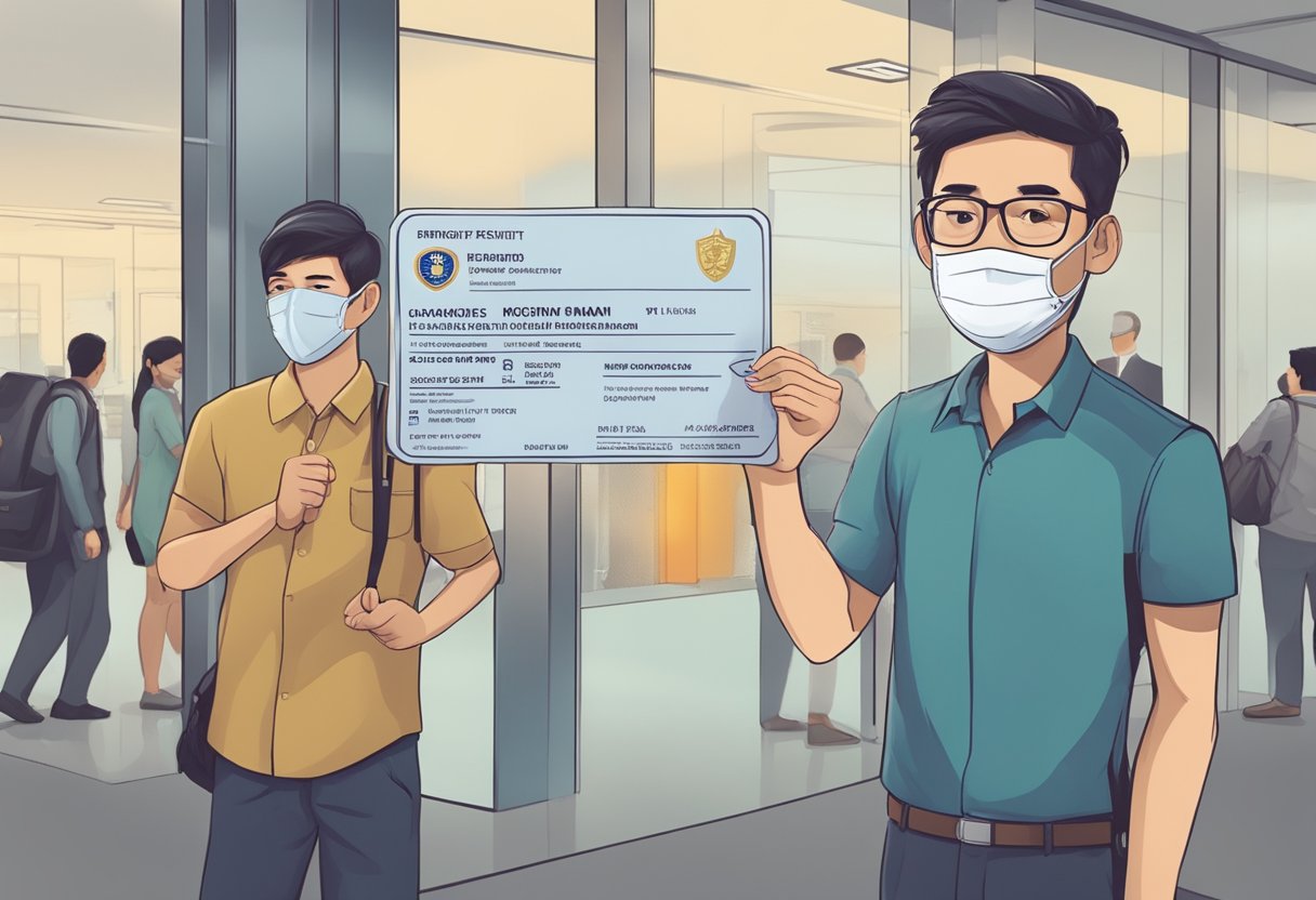 A person holding a re-entry permit while standing in front of a Singapore immigration office, with a sense of relief and security on their face