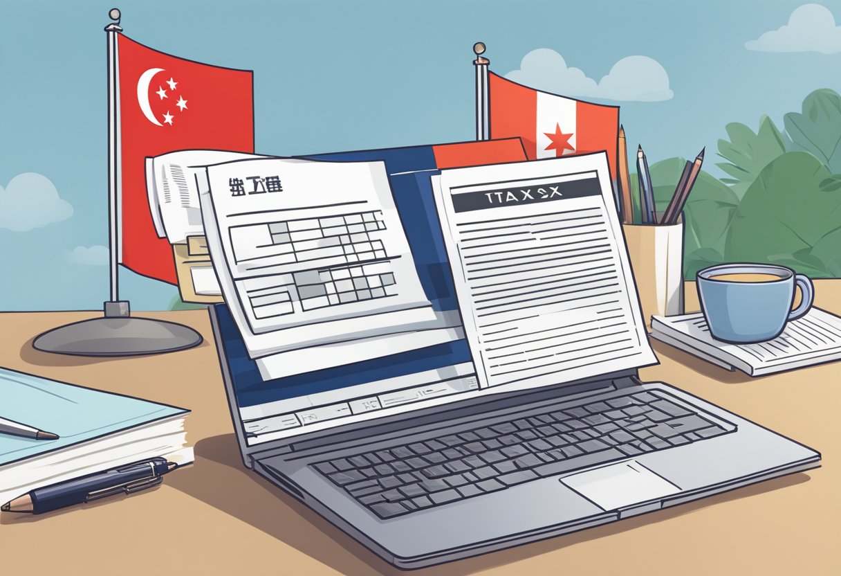 Tax booklet open on a desk, with a pen and calculator nearby. A laptop displaying the Singapore flag in the background