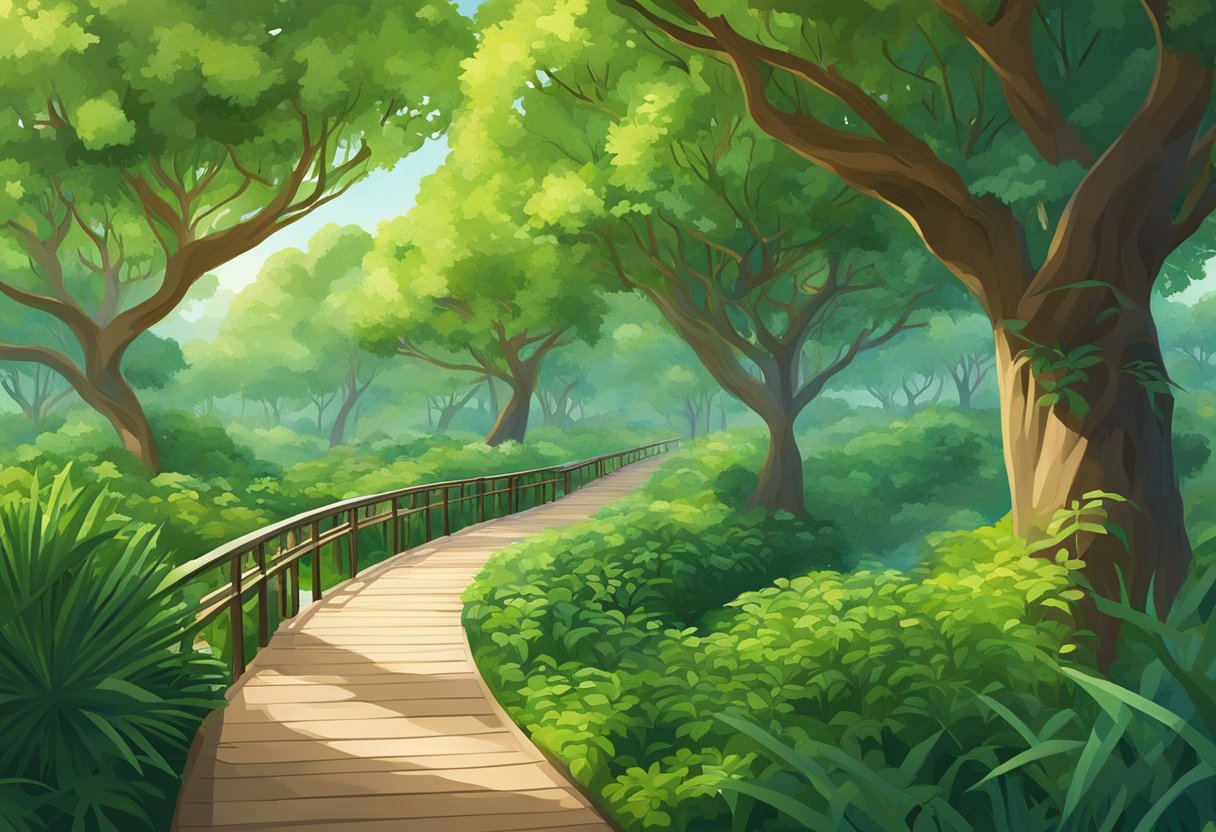 A lush orchard in Singapore, with intertwining paths and vibrant foliage, showcasing the seamless connectivity between nature and leisure