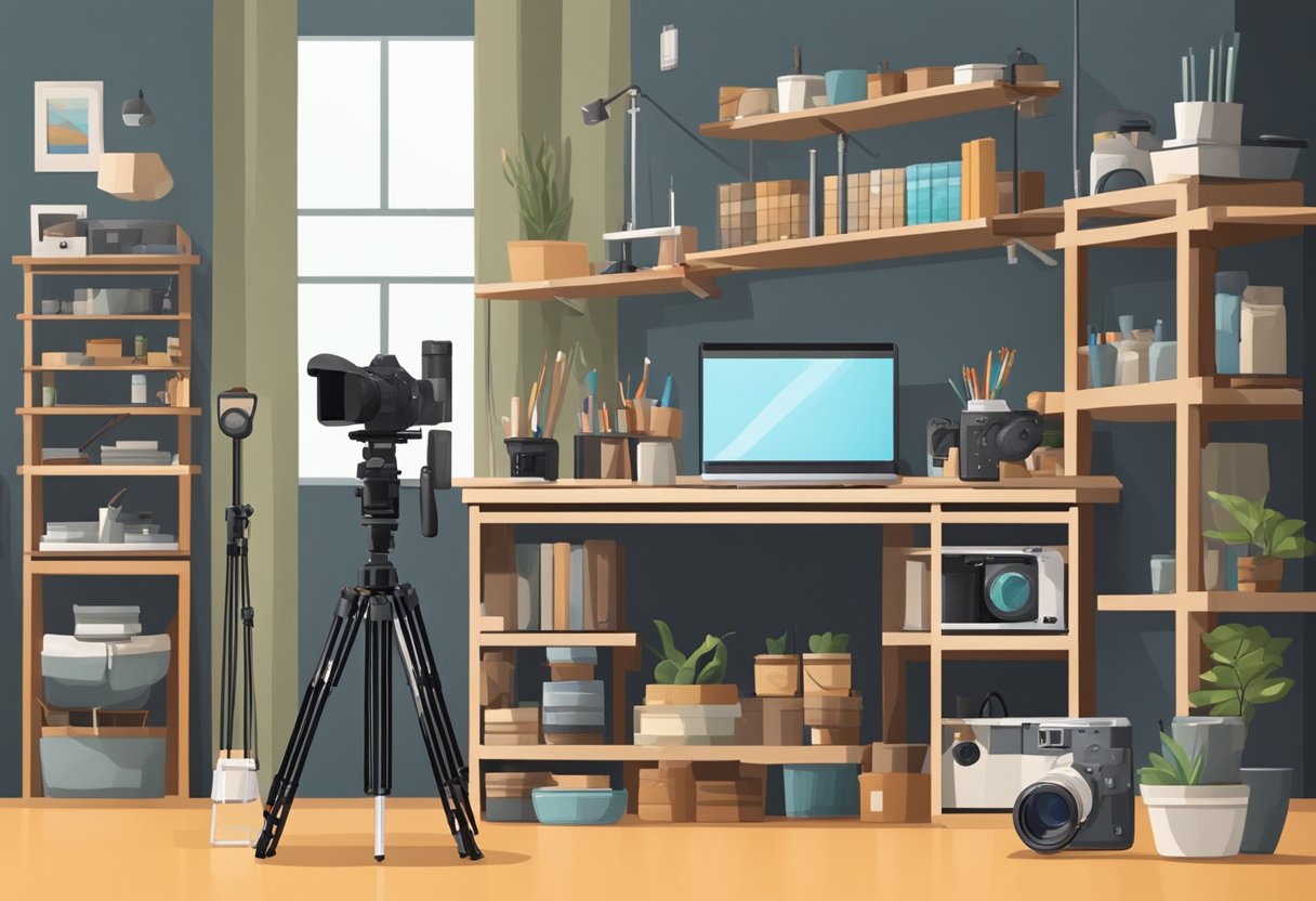 A well-lit room with a backdrop, camera, and tripod set up. Various props and equipment neatly organized on shelves