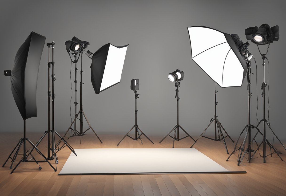 A well-lit studio with professional photography equipment, including backdrop options and adjustable lighting setups