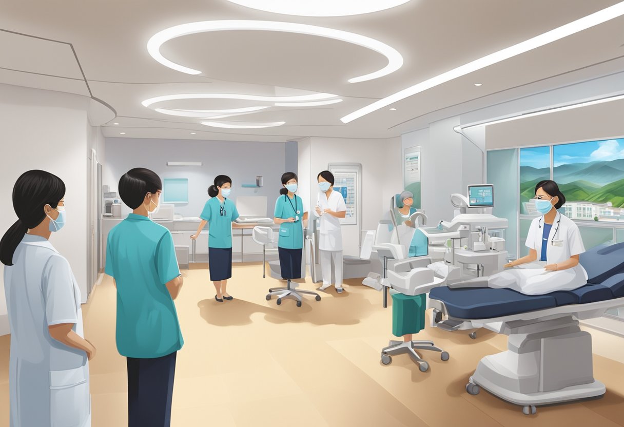 The Singapore Eye Centre bustles with patients and staff. Modern equipment and bright lighting fill the spacious, clean rooms