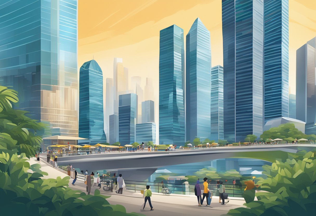 A bustling cityscape with iconic skyscrapers and financial district, showcasing the modern and dynamic nature of Singapore's investment industry