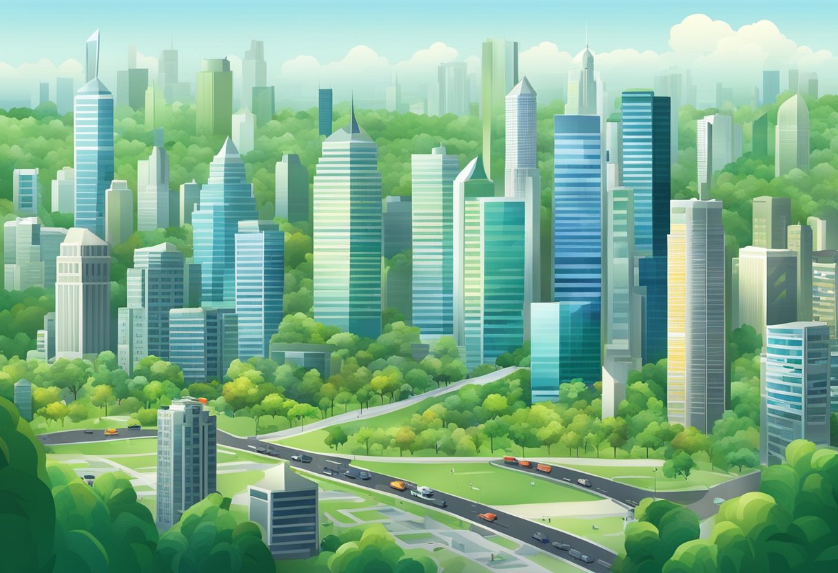 A bustling city skyline with iconic skyscrapers and financial institutions, surrounded by lush greenery and modern infrastructure