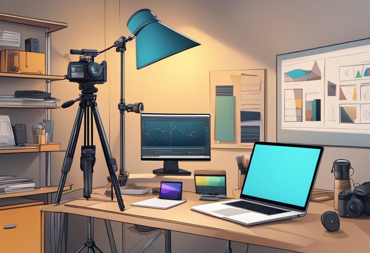 A well-lit studio with a camera, tripod, and backdrop. A computer with editing software and various props and equipment neatly organized