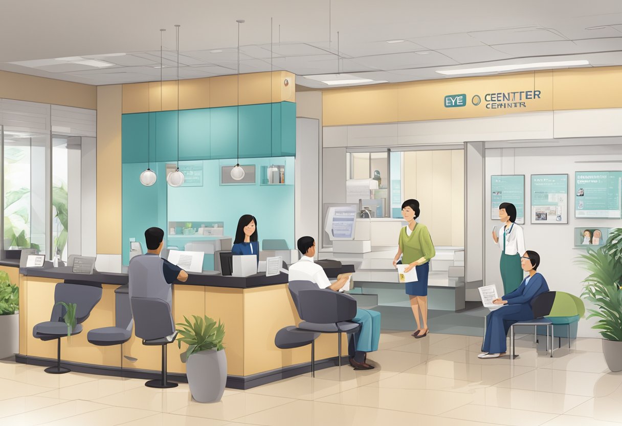 A bustling waiting area with diverse patients, receptionist at desk, signage, and informational brochures at a Singapore eye center