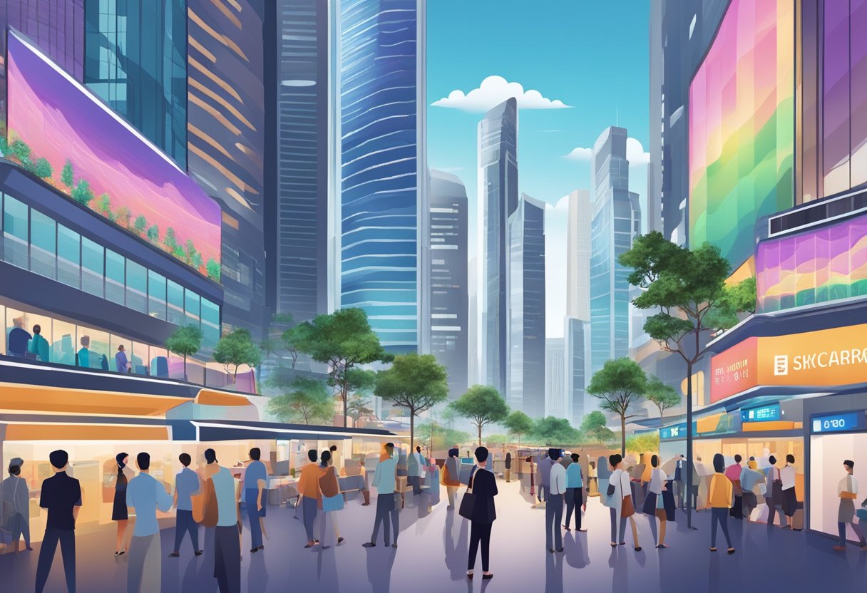 A bustling Singapore cityscape with skyscrapers and financial district, alongside a vibrant stock exchange floor with traders and screens displaying market data