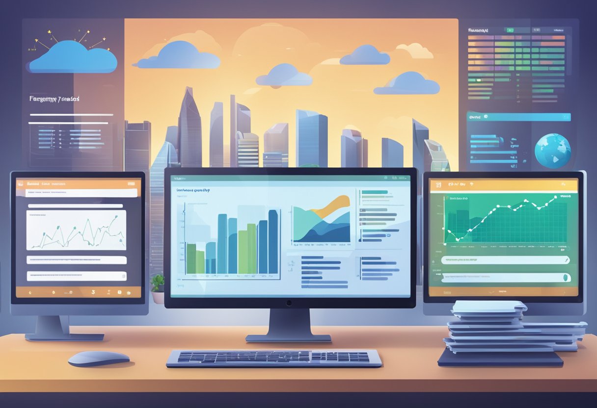 A computer screen with "Frequently Asked Questions" displayed, surrounded by financial charts and graphs, with a Singapore skyline in the background