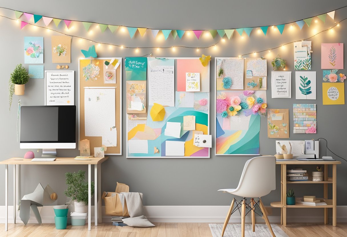 A large bulletin board covered in colorful images and inspirational quotes, surrounded by inexpensive decor items like string lights and paper flowers