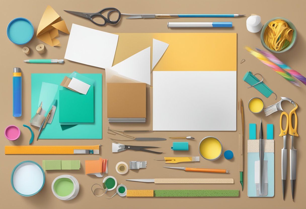 A table with various crafting materials and tools, including scissors, glue, and paint. A large corkboard and colorful paper are laid out, ready to be assembled into life-size Pinterest boards